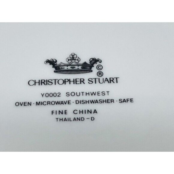 Christopher Stuart SOUTHWEST Green Blue Coral Rim White China Dinner Plate Set 4 - Picture 10 of 16